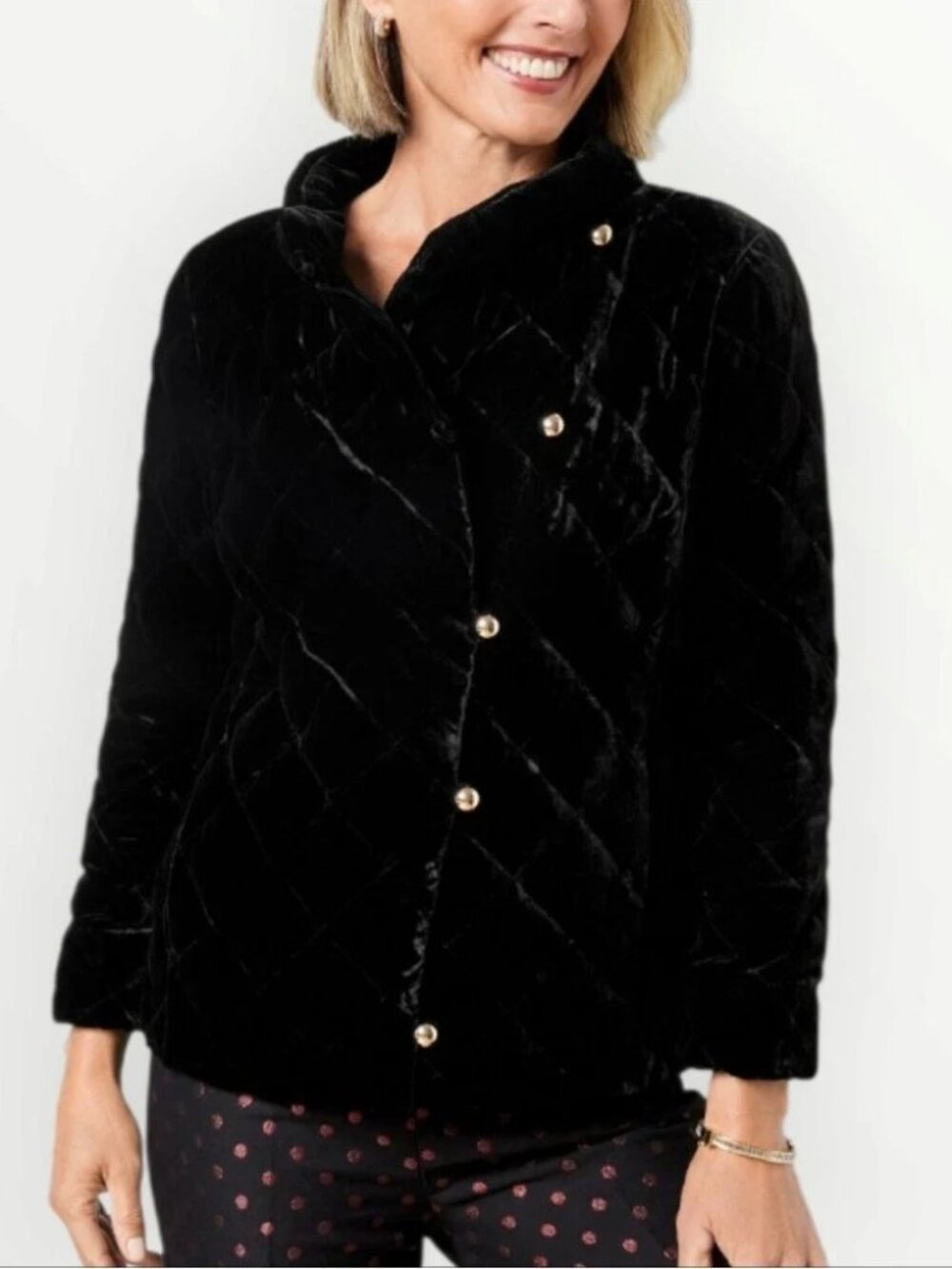 TALBOTS Jacket 0P Velvet Diamond Quilted Down Asymmetrical Button Insulated Blk